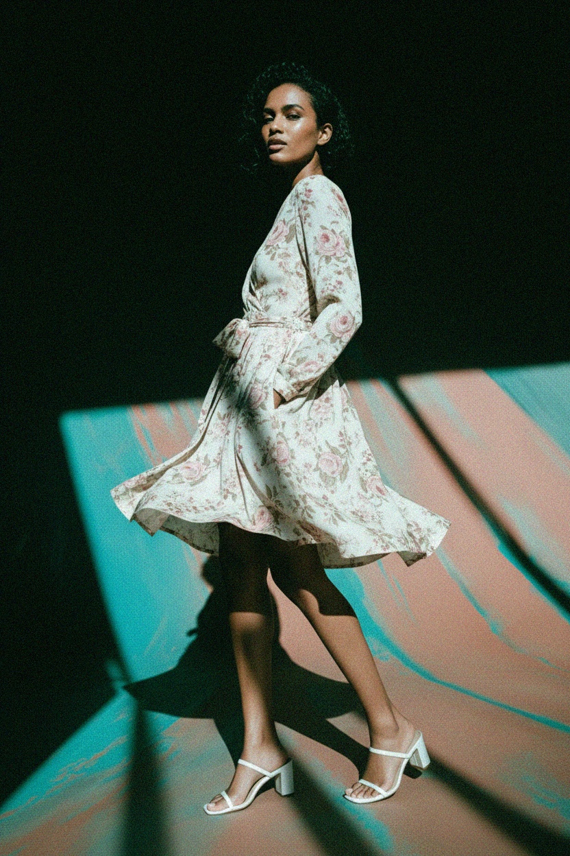 Floral Print Mini Dress with Tie Waist zdjęcie 4