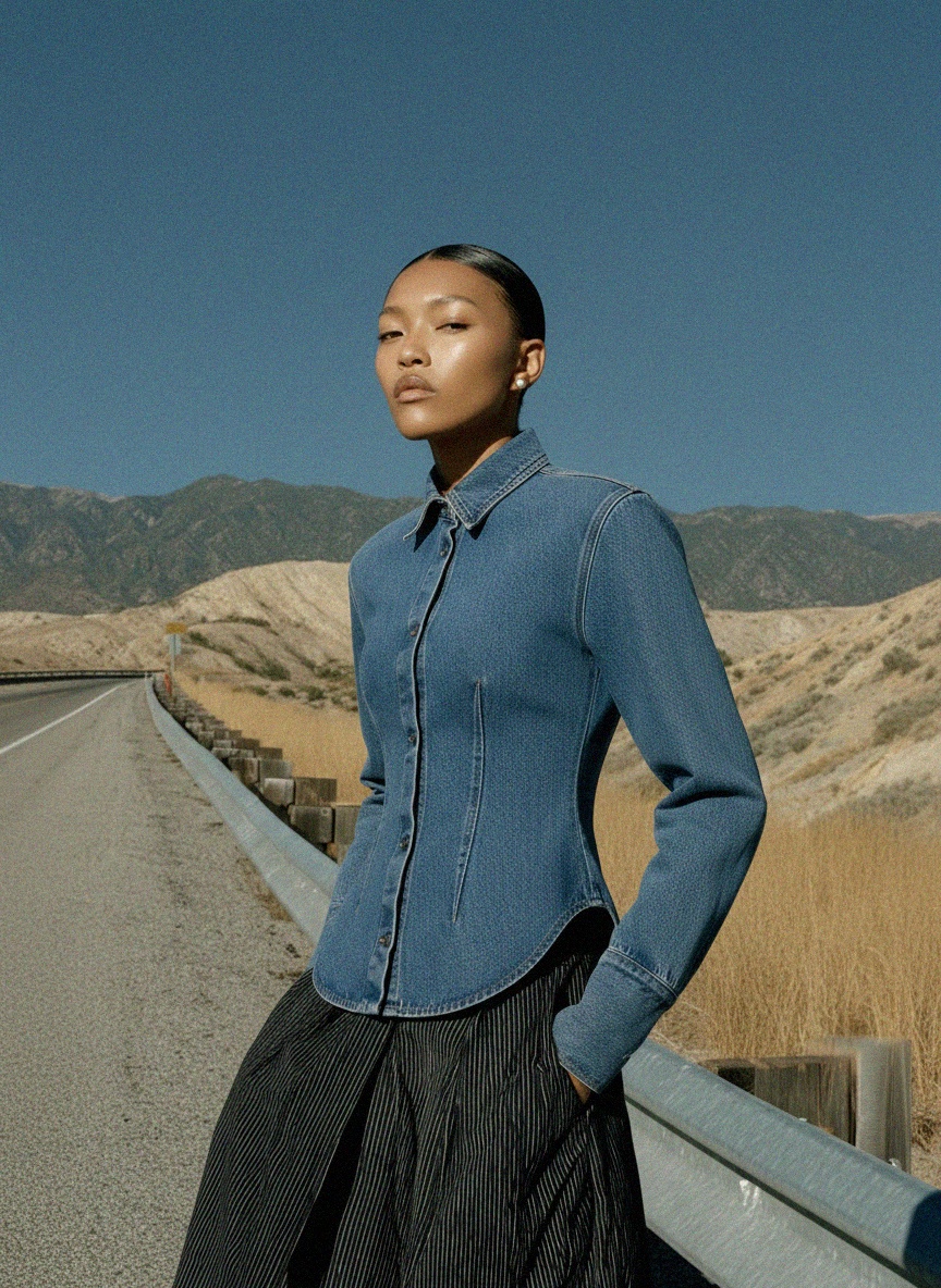 Koszula z denimu o dopasowanym stanie, z zaokrąglonym dołem i dopasowaną talią zdjęcie 3