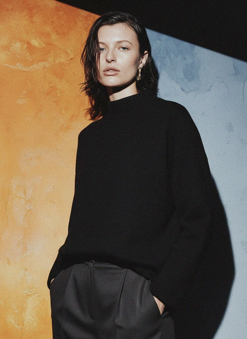 Czarny, obszerny sweter z dzianiny z wysokim kołnierzem zdjęcie 2