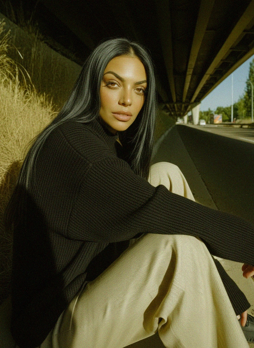 Czarny, obszerny sweter z dzianiny z wysokim kołnierzem zdjęcie 3