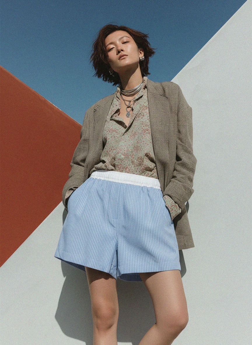 Niebieskie, luźne szorty w prążki zdjęcie 3