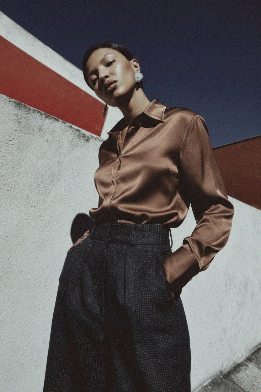 Elegancka brązowa koszula z kołnierzykiem wykończonym satyną zdjęcie 2