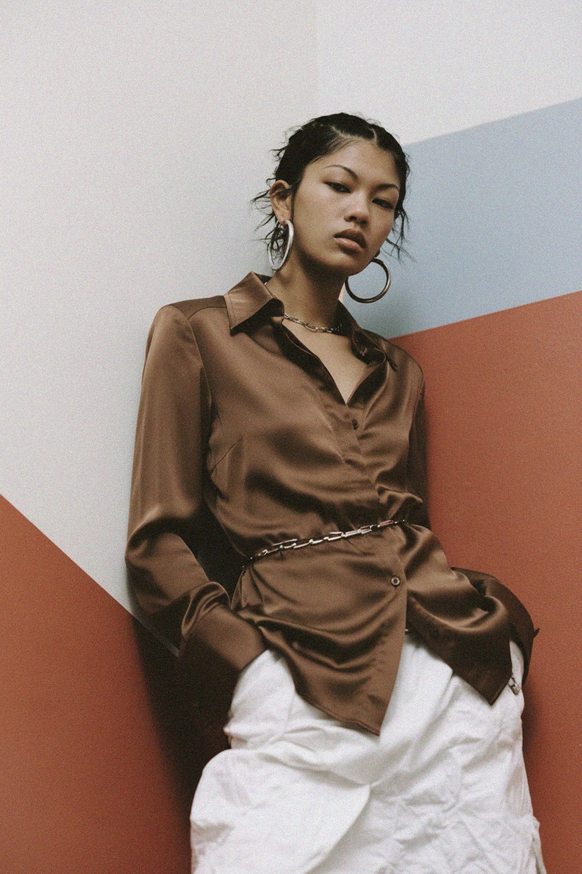 Elegancka brązowa koszula z kołnierzykiem wykończonym satyną zdjęcie 3