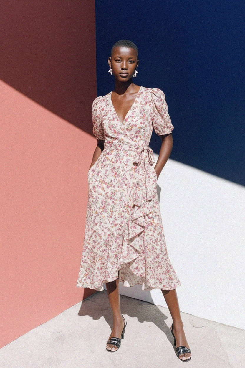 Floral Wrap Midi Dress with Ruffle Detail zdjęcie 3