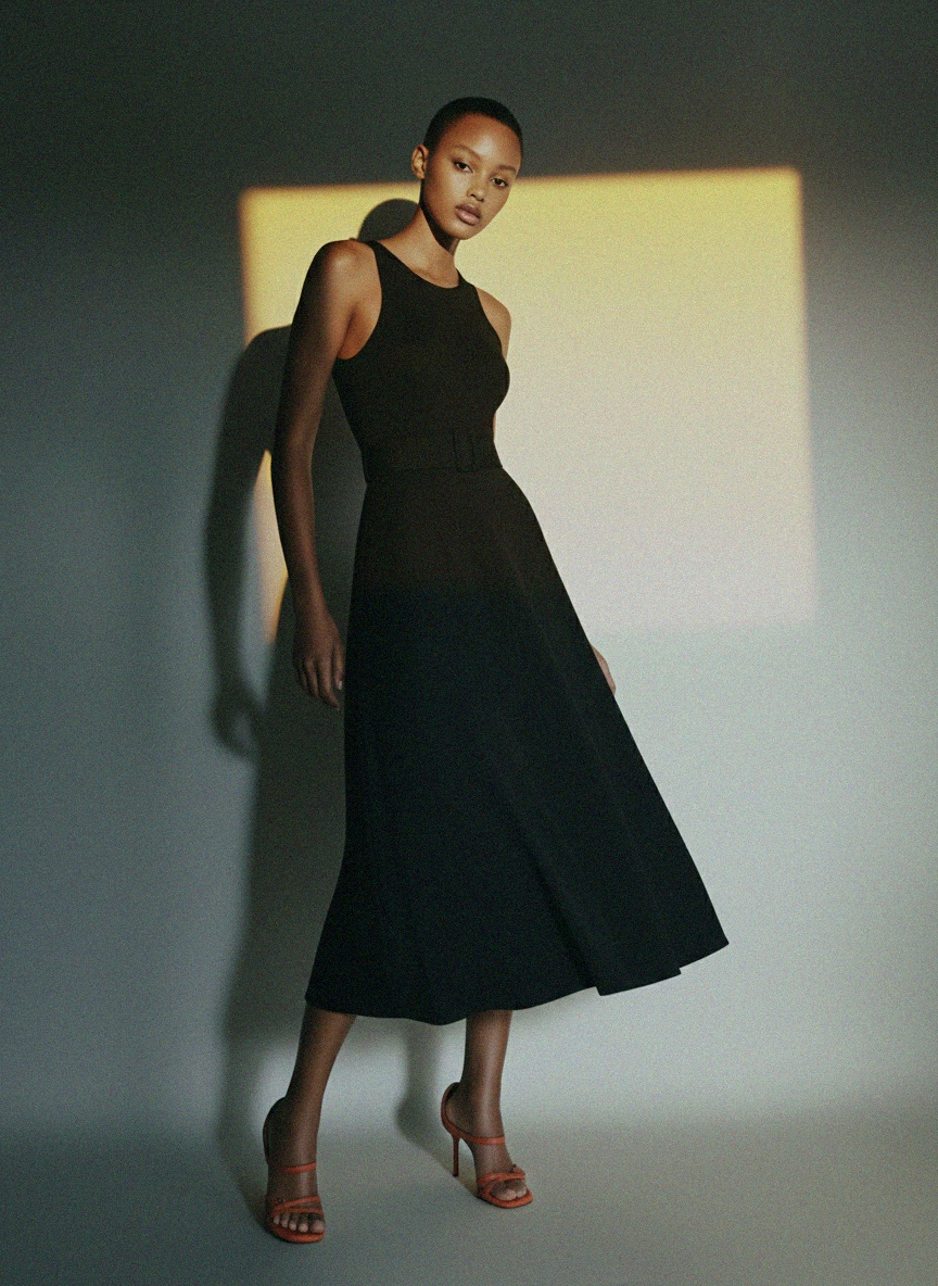 Elegancka czarna sukienka midi bez rękawów z paskiem zdjęcie 3