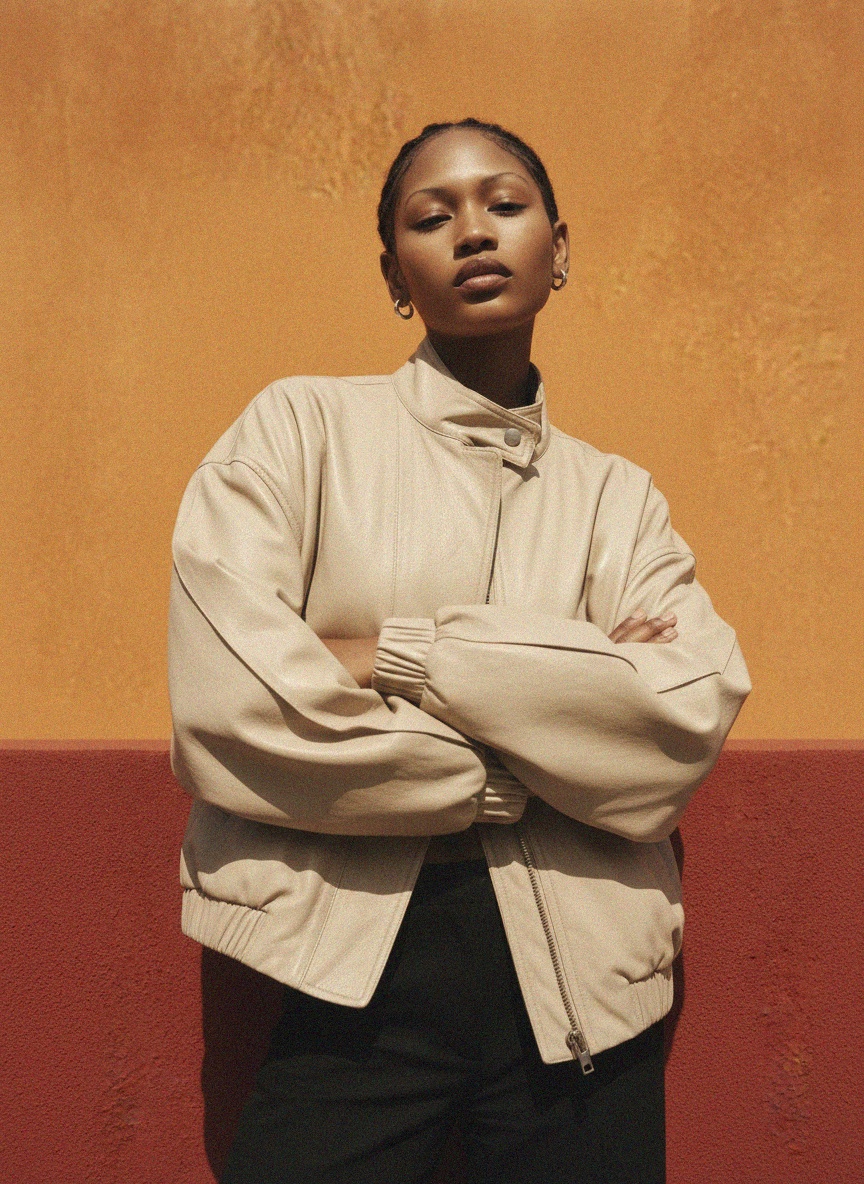 Beżowa kurtka typu bomber ze sztucznej skóry, oversize zdjęcie 3