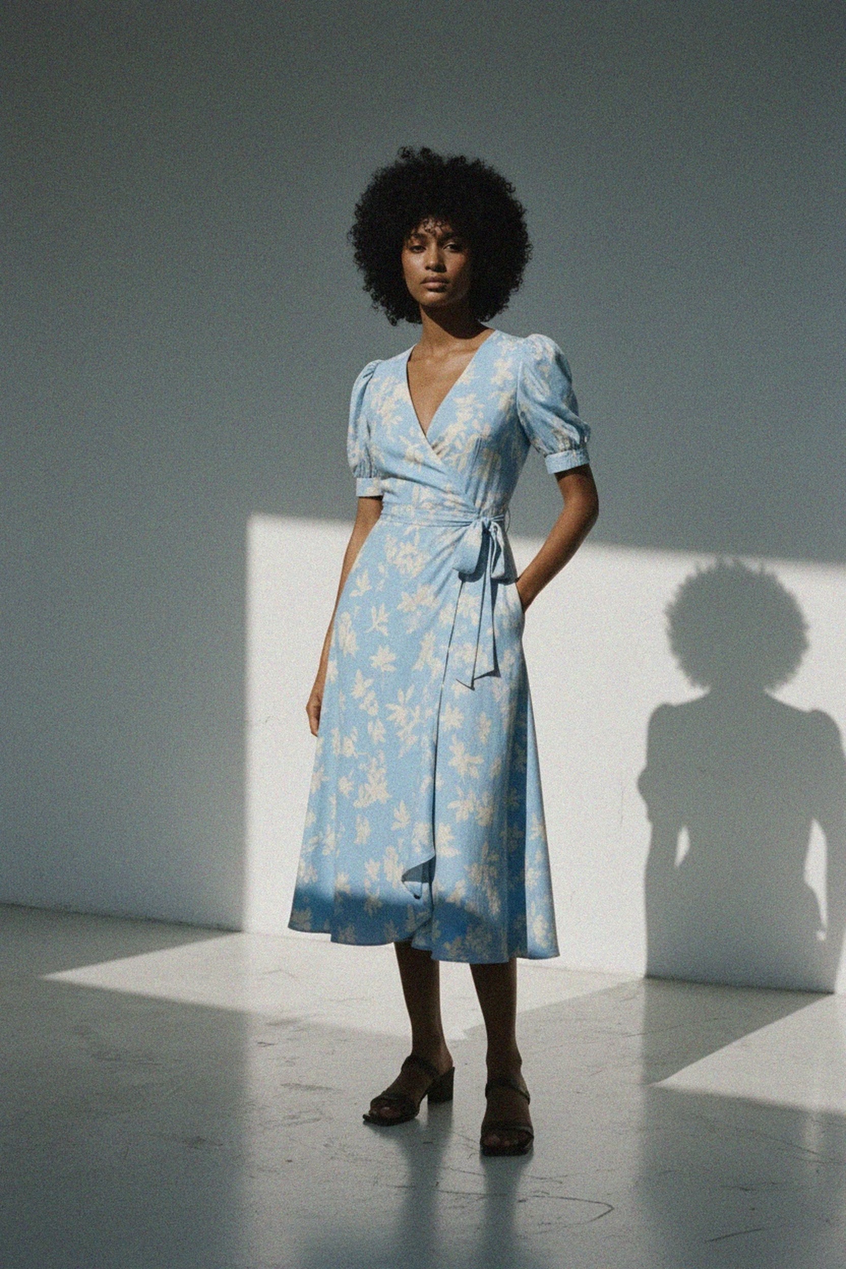 Blue Floral Wrap Midi Dress with Puff Sleeves zdjęcie 2