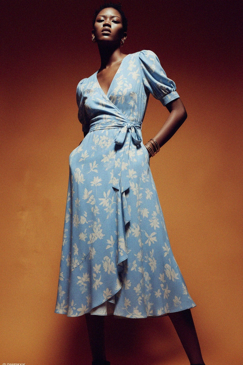 Blue Floral Wrap Midi Dress with Puff Sleeves zdjęcie 3