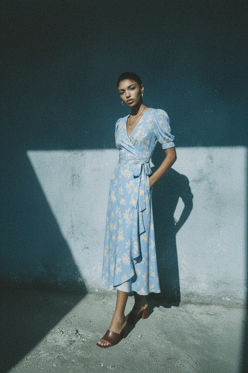 Blue Floral Wrap Midi Dress with Puff Sleeves zdjęcie 4