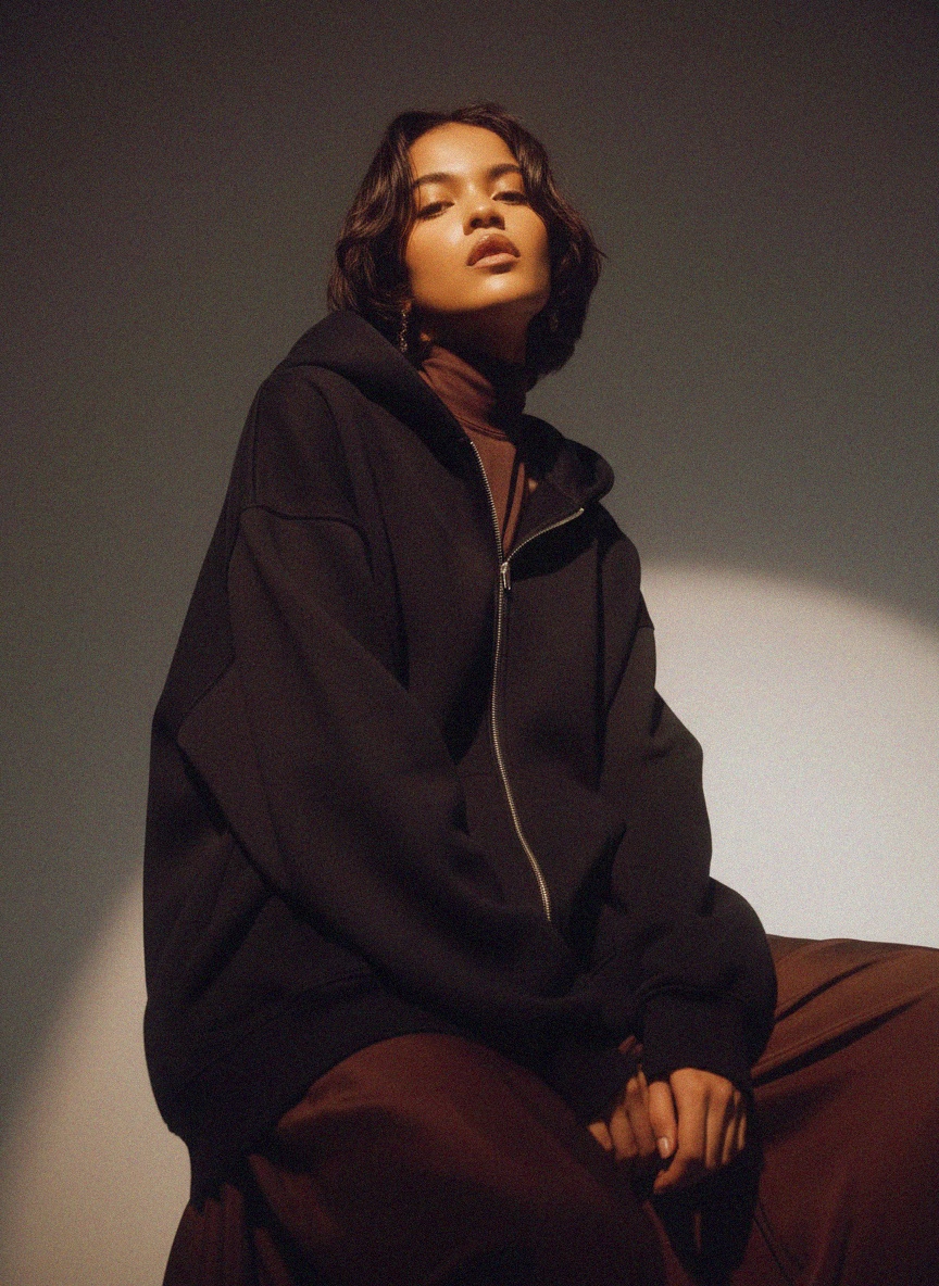 Luźna czarna bluza z kapturem zapinana na zamek zdjęcie 3