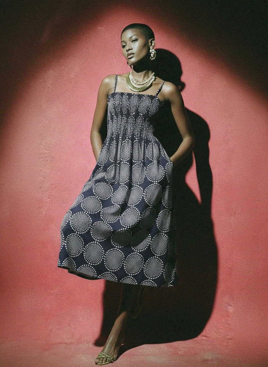 Sukienka midi z marszczeniami i wzorem w białe kropki zdjęcie 2