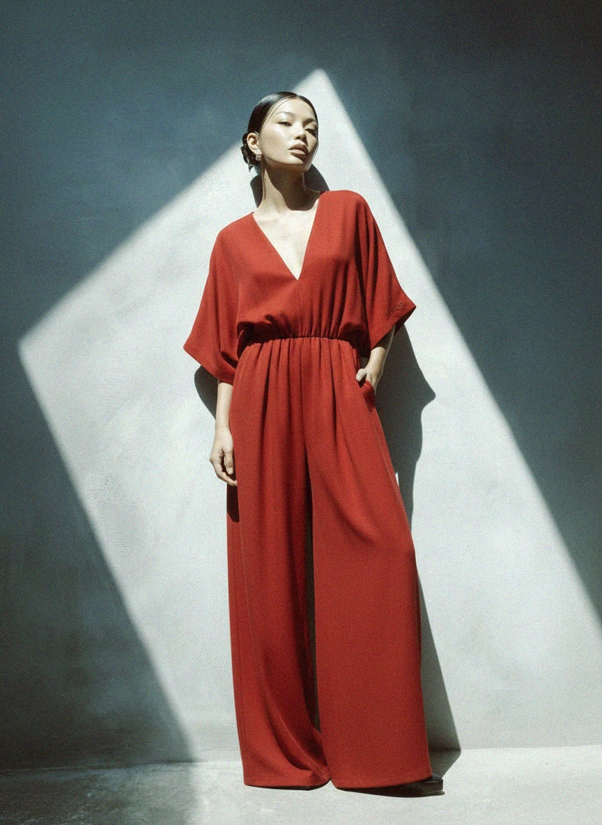 Czerwony kombinezon z szerokimi nogawkami i dekoltem w serek zdjęcie 2