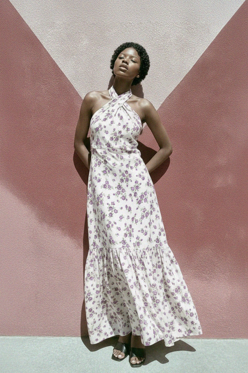 Biała sukienka maxi z kwiatowym dekoltem halter zdjęcie 3