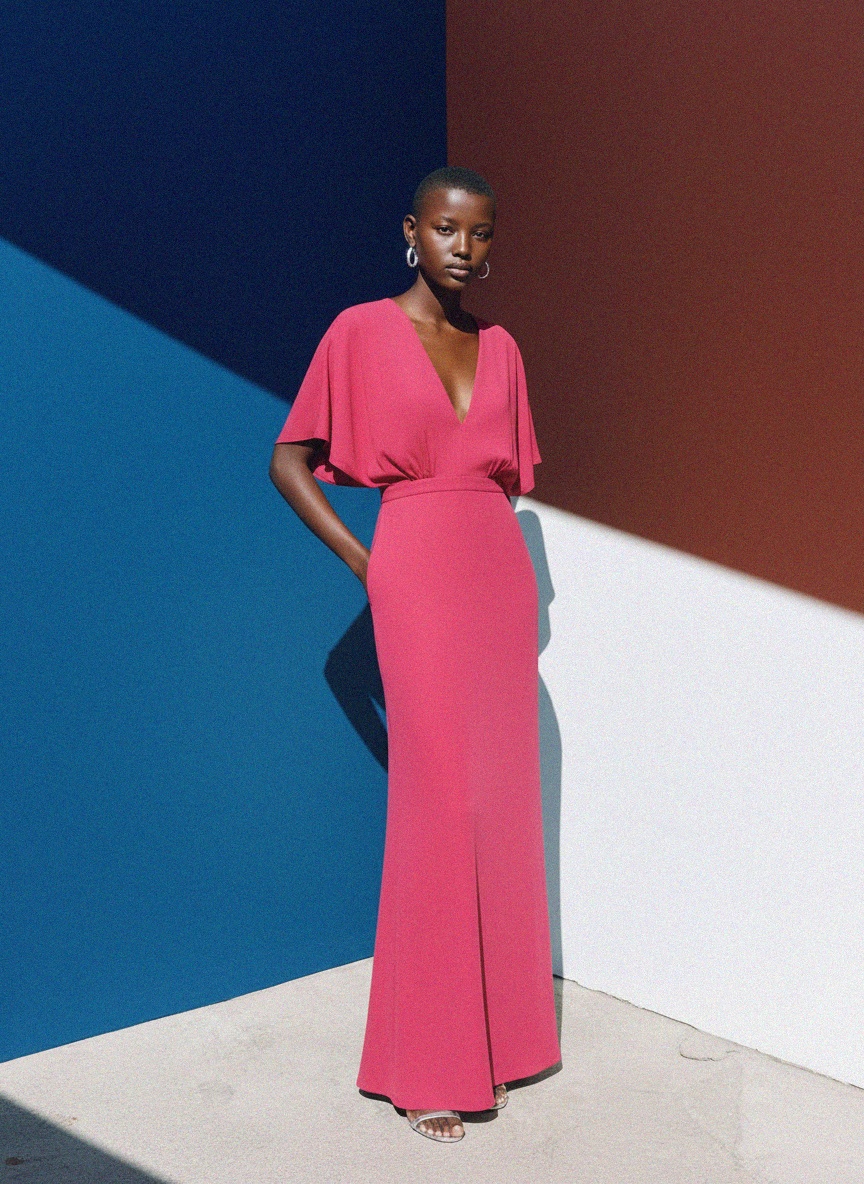 Jaskrawa różowa sukienka maxi z dekoltem w serek i rękawami typu dolman zdjęcie 3