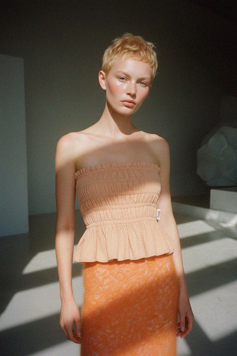 Bluzka z falbanką bez ramiączek i baskinką zdjęcie 2