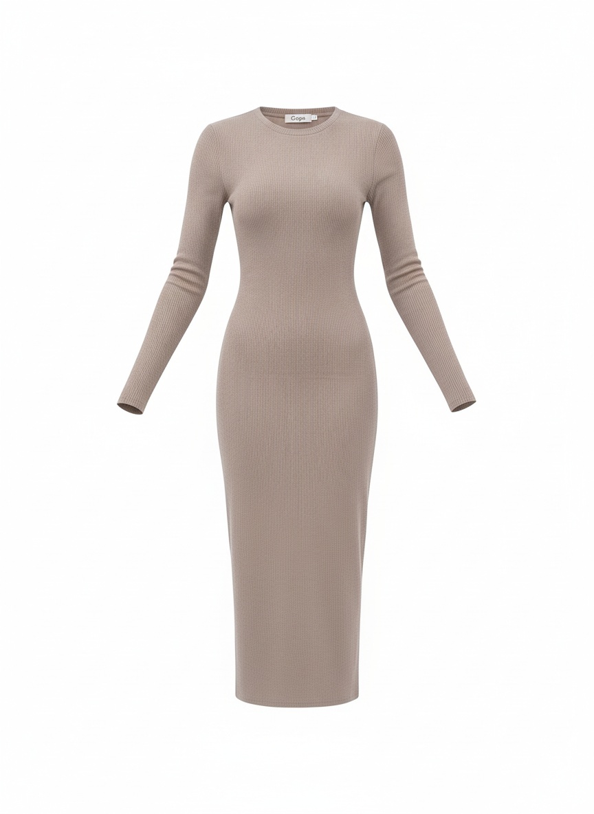 Sukienka midi z prążkowanej dzianiny z długim rękawem zdjęcie 1