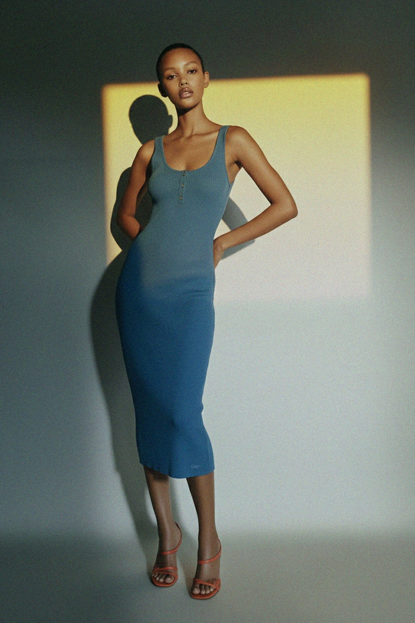 Dopasowana prążkowana sukienka midi Henley w kolorze niebieskim zdjęcie 2