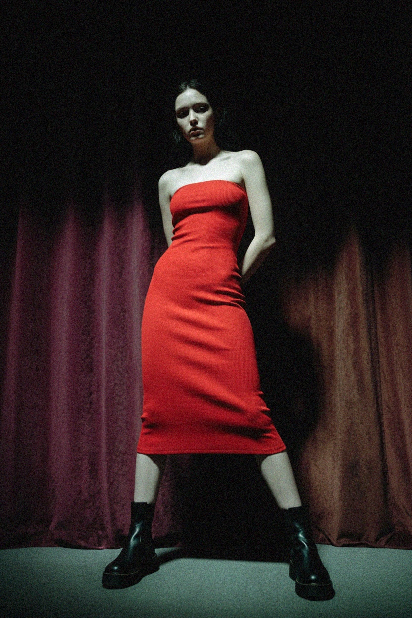 Czerwona prążkowana sukienka midi typu bodycon bez ramiączek zdjęcie 3