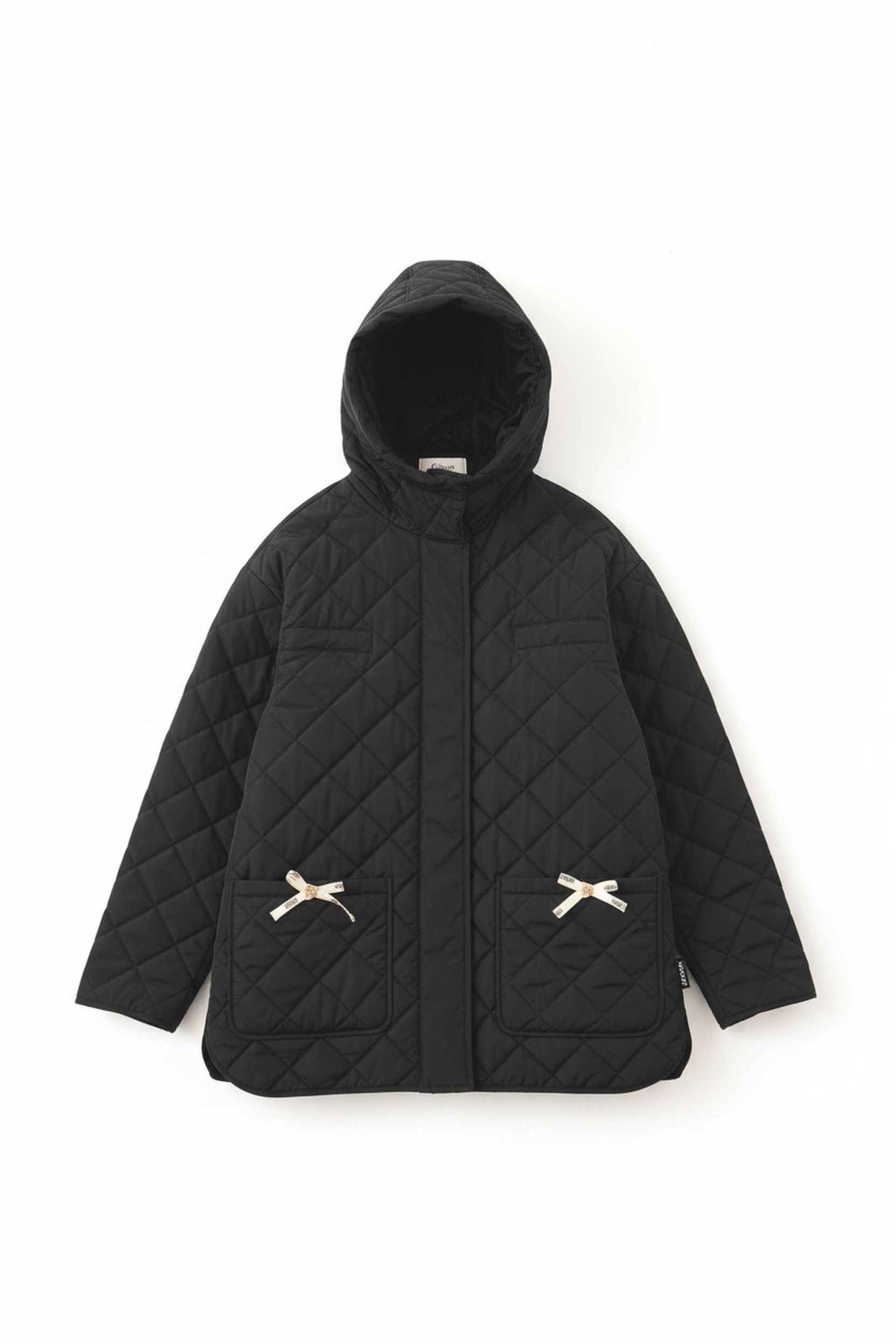 Black Quilted Hooded Jacket with Bow Details zdjęcie 1