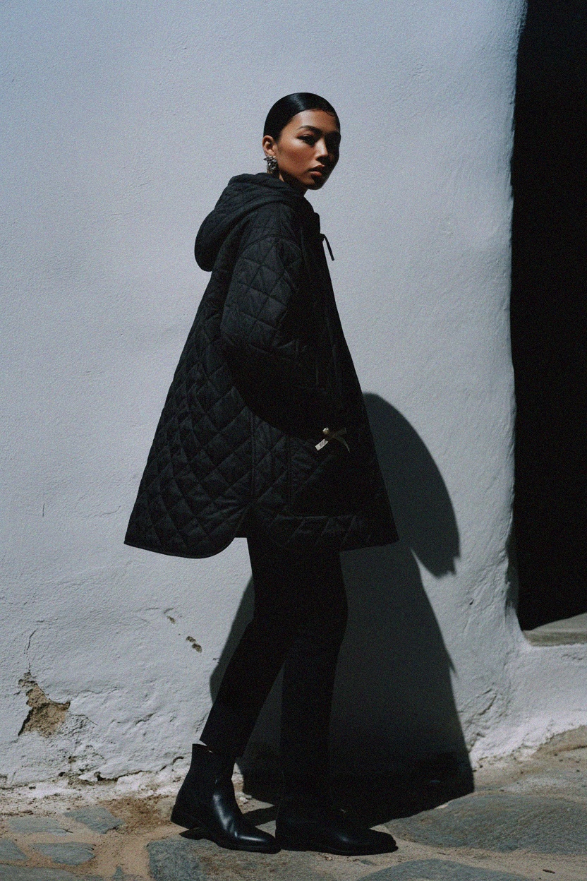 Black Quilted Hooded Jacket with Bow Details zdjęcie 3