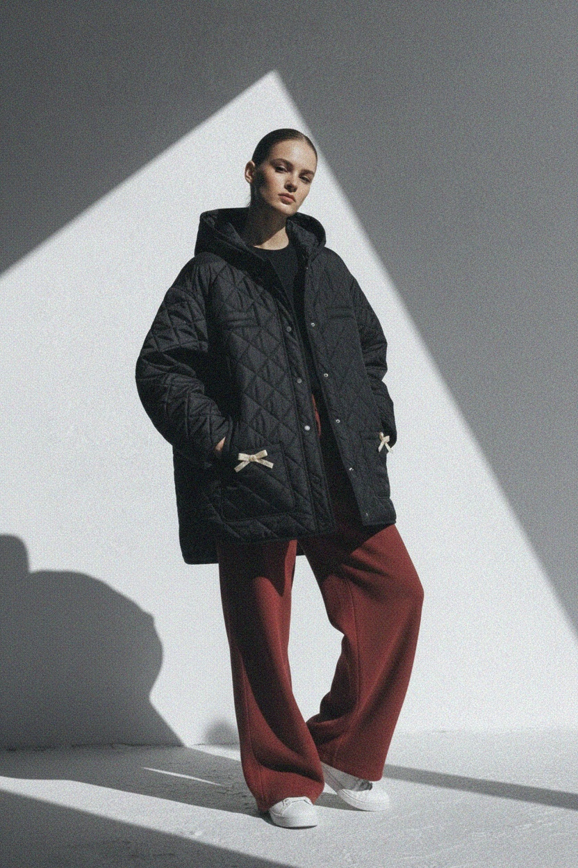 Black Quilted Hooded Jacket with Bow Details zdjęcie 4