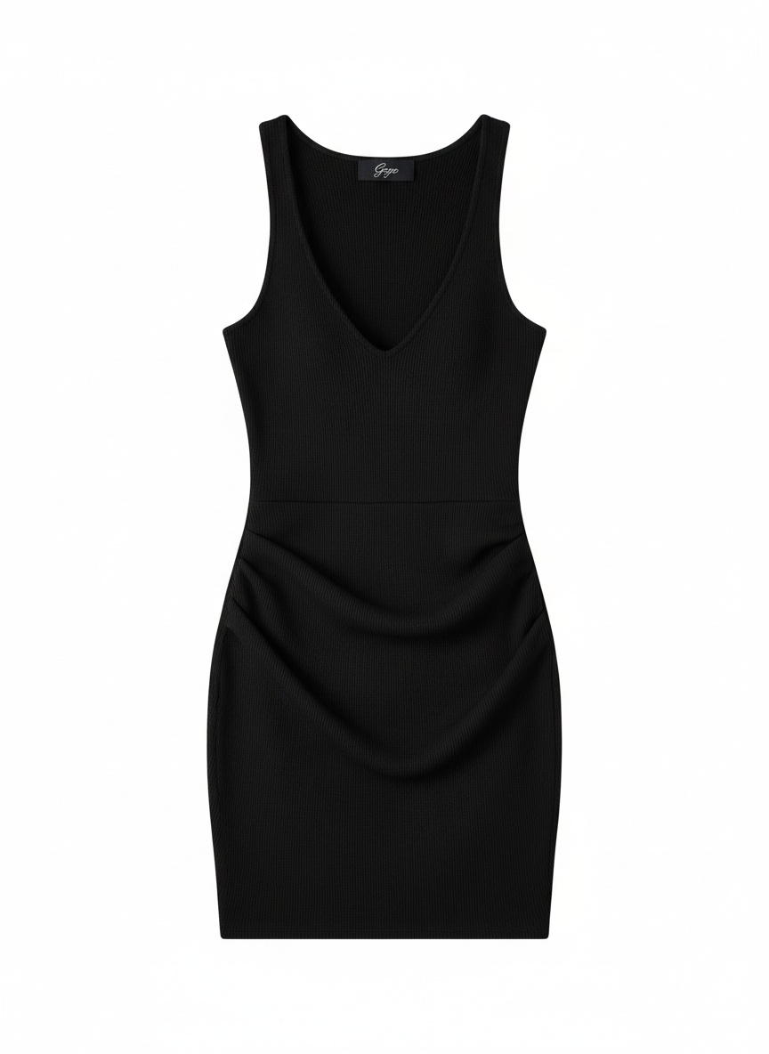 Czarna prążkowana sukienka mini z dekoltem w serek zdjęcie 1