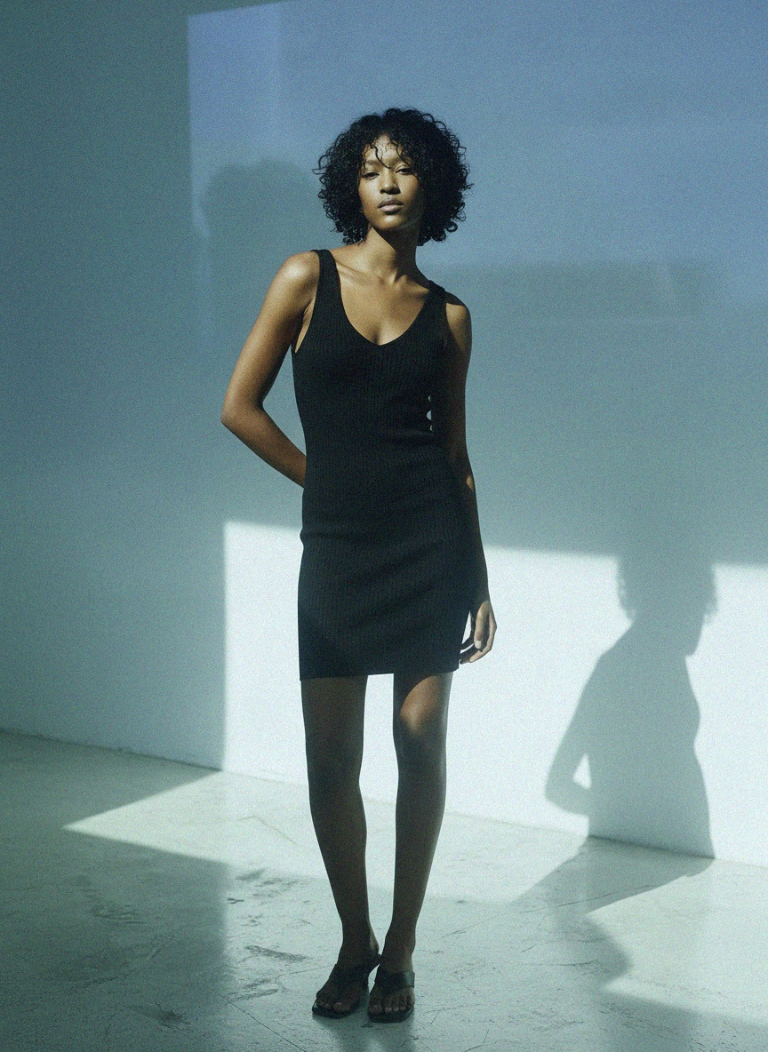 Czarna prążkowana sukienka mini z dekoltem w serek zdjęcie 2