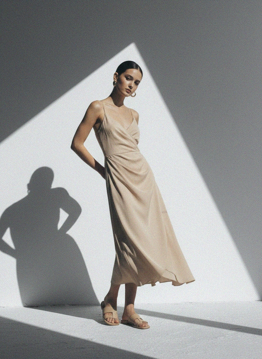 Elegancka beżowa sukienka midi bez rękawów zdjęcie 2