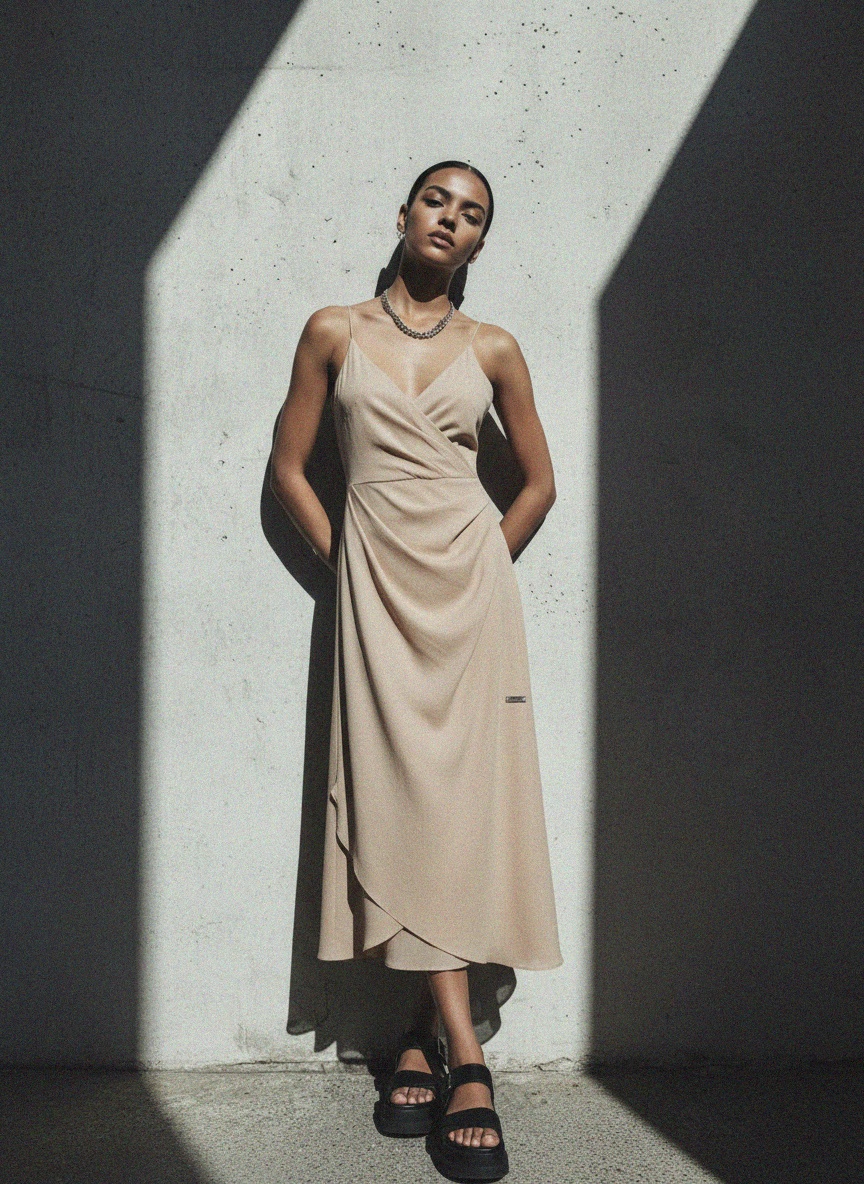 Elegancka beżowa sukienka midi bez rękawów zdjęcie 3