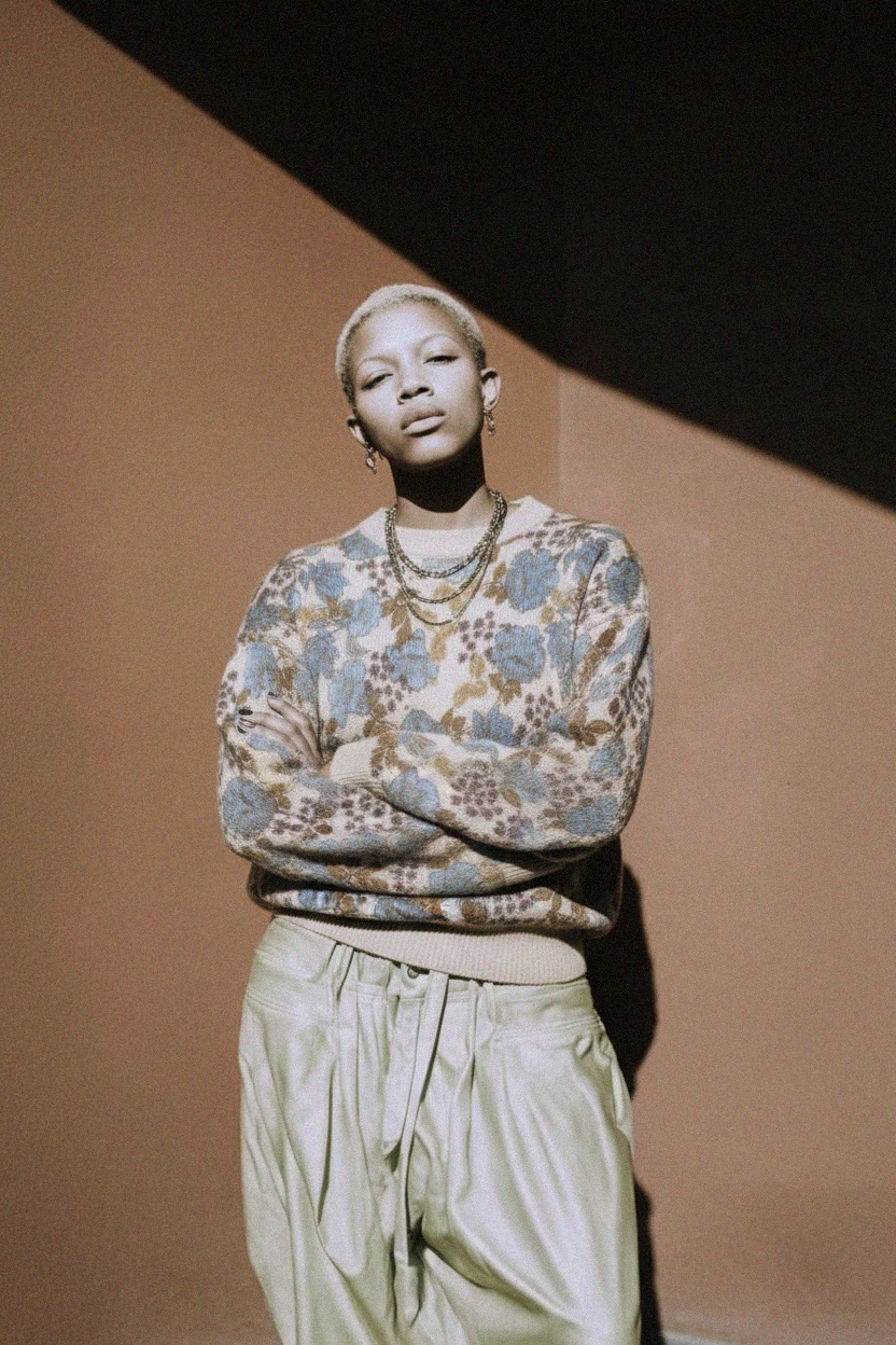 Floral Knit Sweater with Blue & Brown Pattern zdjęcie 3