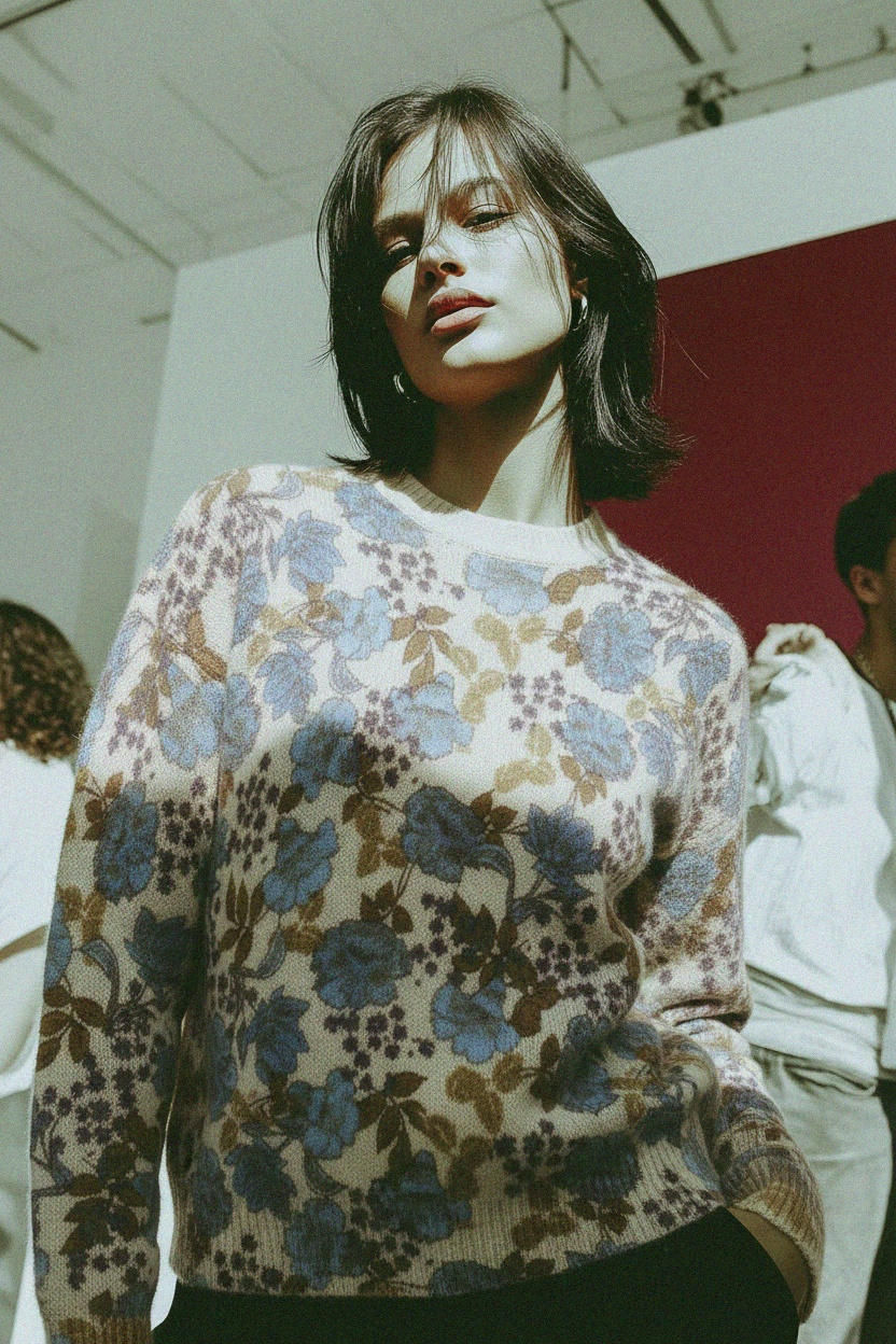 Floral Knit Sweater with Blue & Brown Pattern zdjęcie 4