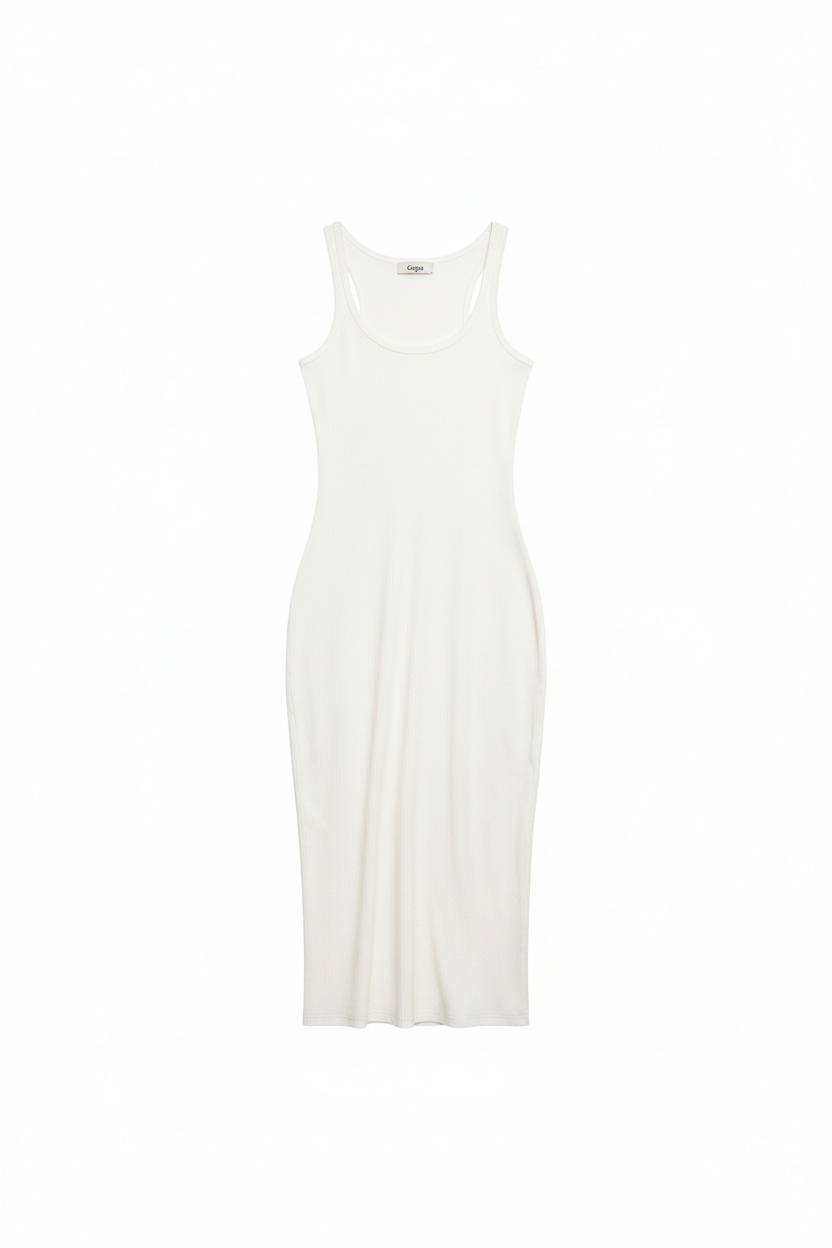 Biała prążkowana dopasowana sukienka midi zdjęcie 1