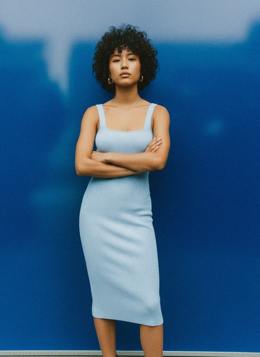 Sukienka midi z prążkowanym kwadratowym dekoltem zdjęcie 2