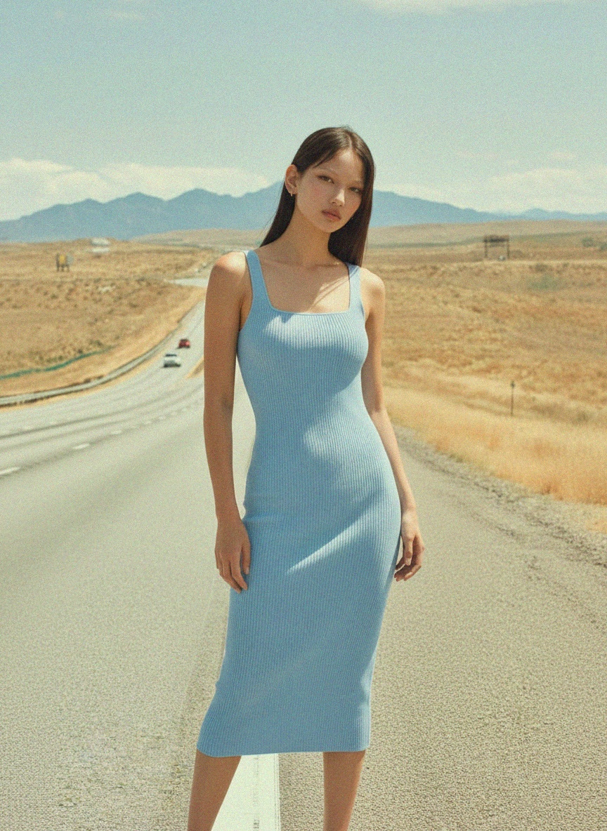 Sukienka midi z prążkowanym kwadratowym dekoltem zdjęcie 3