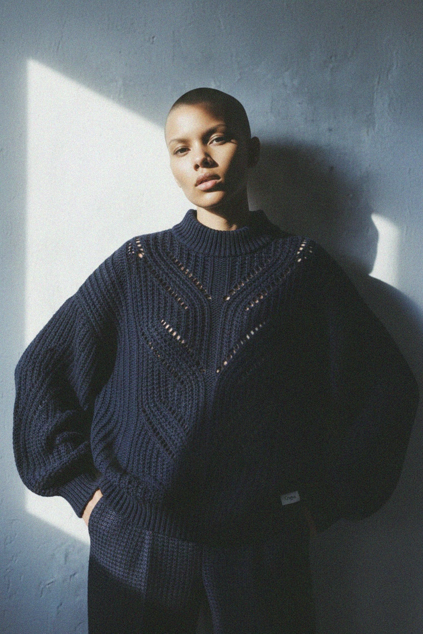 Oversize Blue Knit Sweater with Openwork Pattern zdjęcie 4
