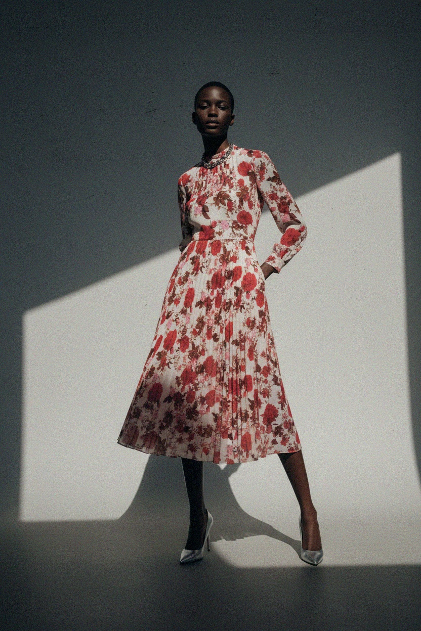 Elegant Red Floral Pleated Midi Dress zdjęcie 3