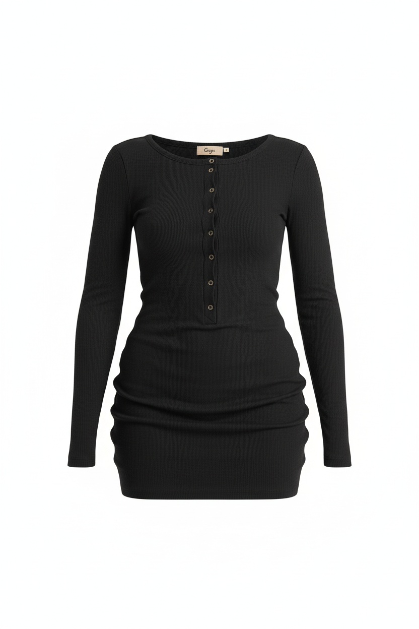 Czarna prążkowana sukienka mini z długim rękawem i dekoltem typu henley zdjęcie 1