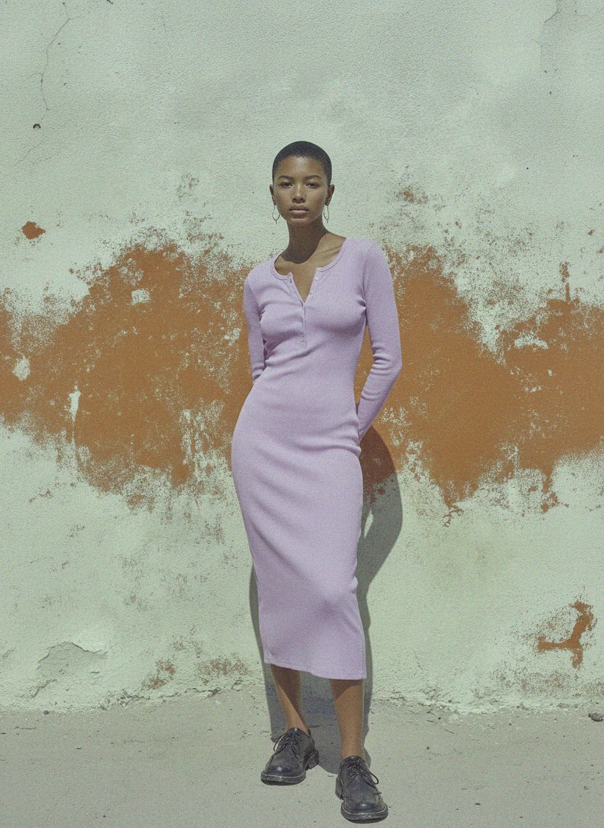 Sukienka midi z prążkowanego materiału z długim rękawem i guzikami henley zdjęcie 3