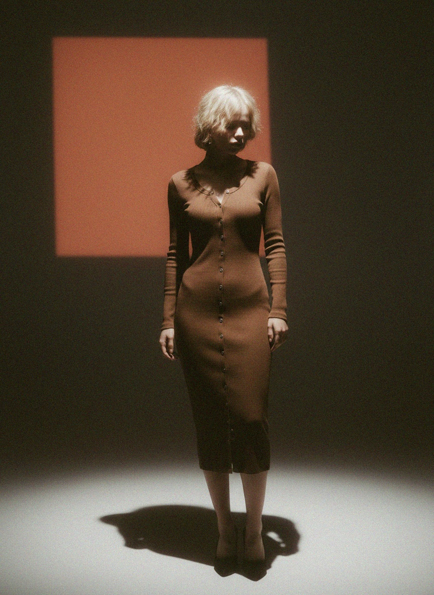 Brązowa prążkowana sukienka midi z guzikami Henley zdjęcie 2