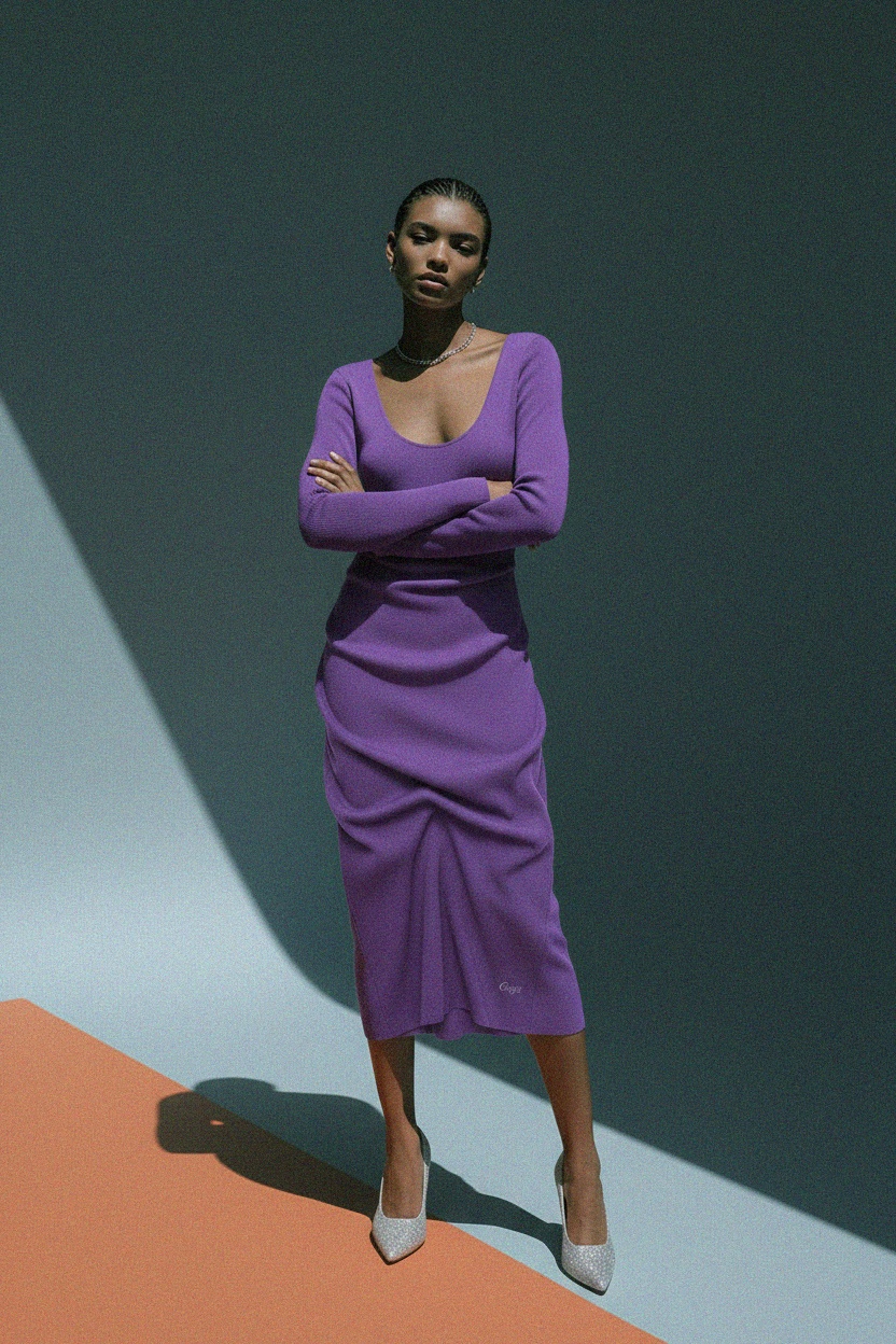 Fioletowa prążkowana sukienka midi z długim rękawem zdjęcie 3