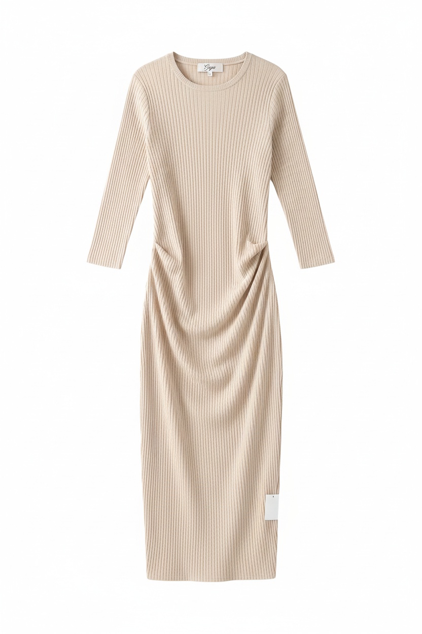 Dopasowana prążkowana sukienka midi z rękawami 3/4 zdjęcie 1