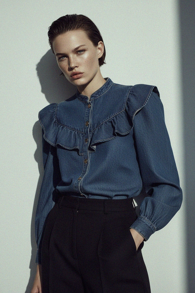 Ruffled Denim Button-Up Blouse zdjęcie 4