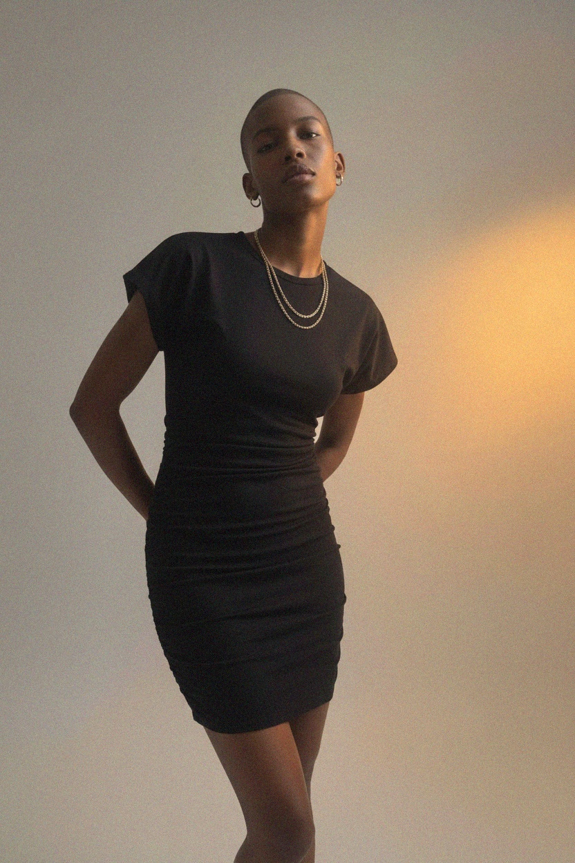 Elegancka czarna obcisła sukienka mini z krótkimi rękawami zdjęcie 3