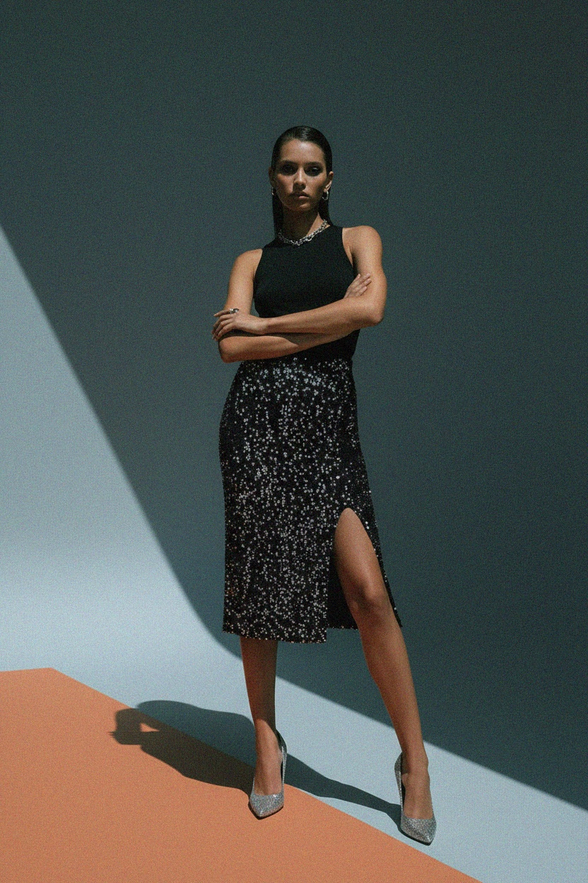 Błyszcząca czarna spódnica midi z cekinami i wysokim rozcięciem zdjęcie 2