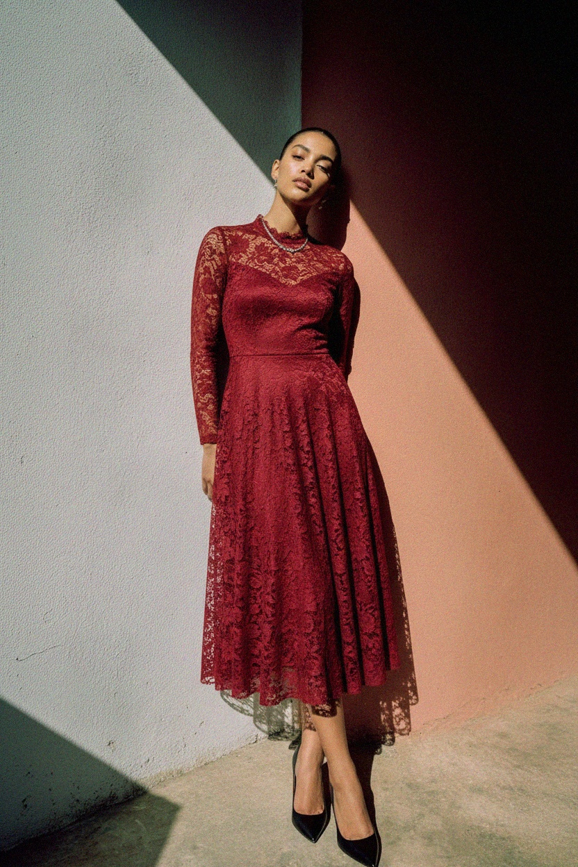 Elegancka czerwona koronkowa sukienka midi z długim rękawem zdjęcie 2