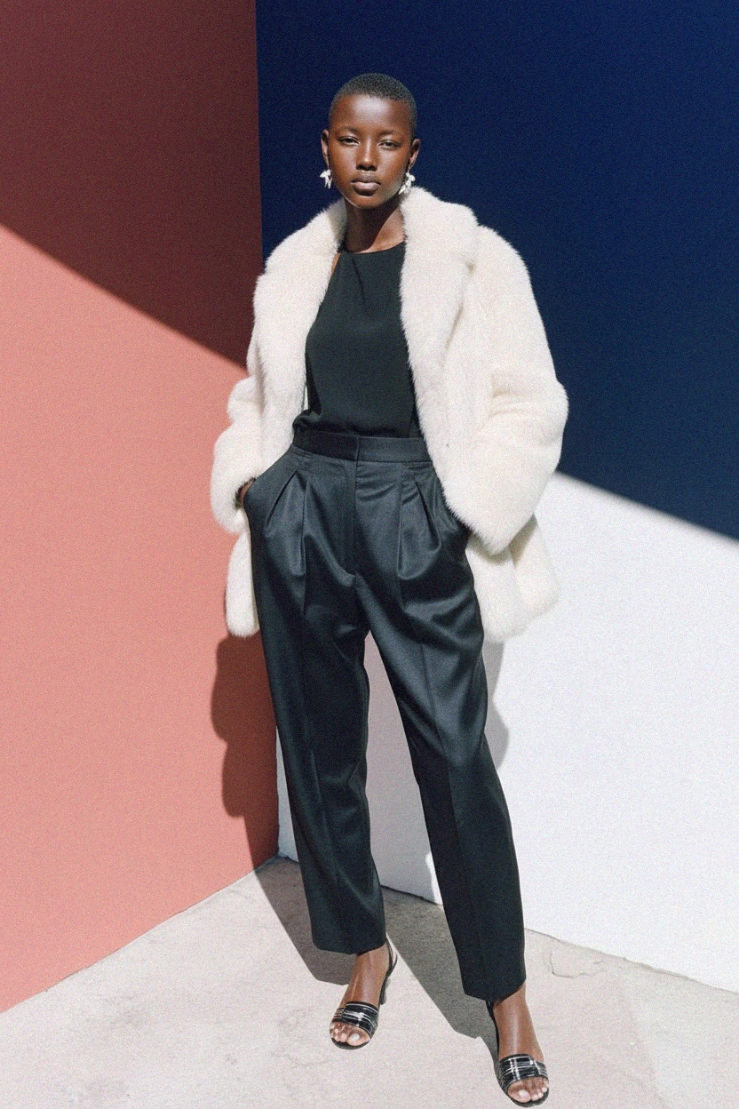 Elegancki biały płaszcz ze sztucznego futra zdjęcie 3