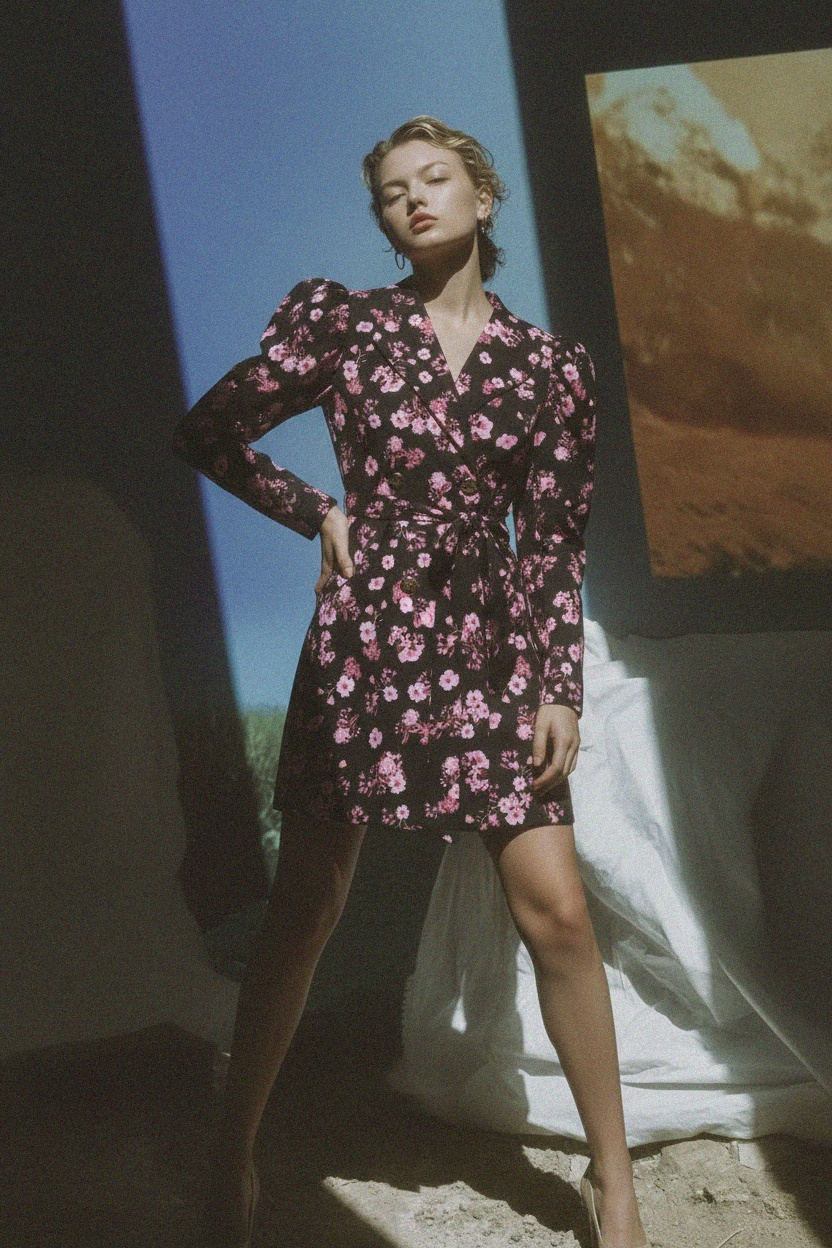 Black Floral Puff Sleeve Mini Dress zdjęcie 4