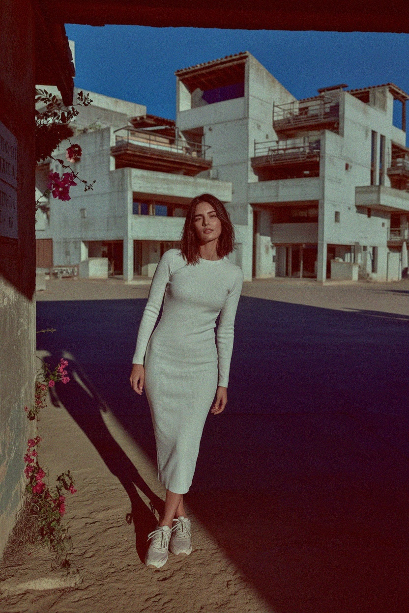 Biała prążkowana sukienka midi z długim rękawem zdjęcie 2