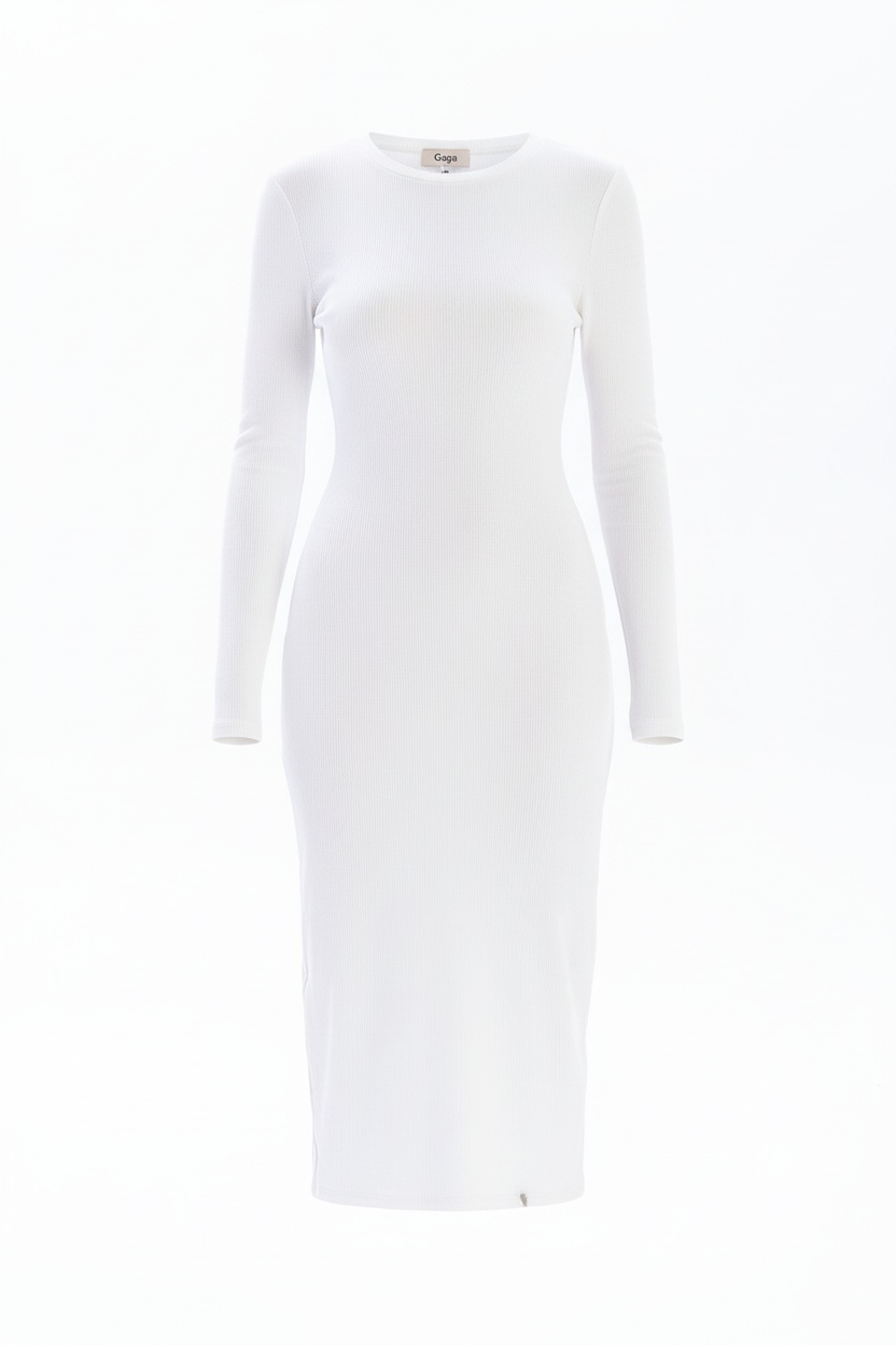 Biała prążkowana sukienka midi z długim rękawem zdjęcie 1