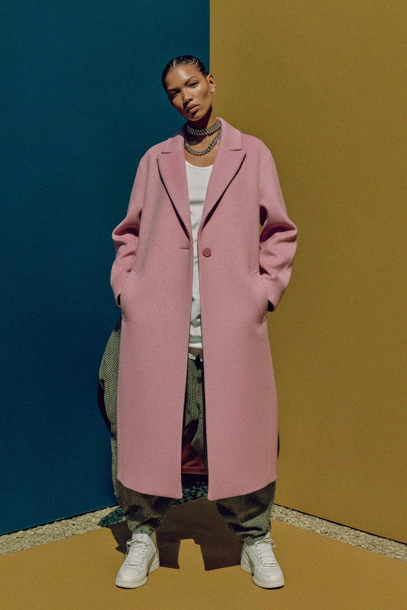 Oversized Chic Long Pink Coat zdjęcie 3